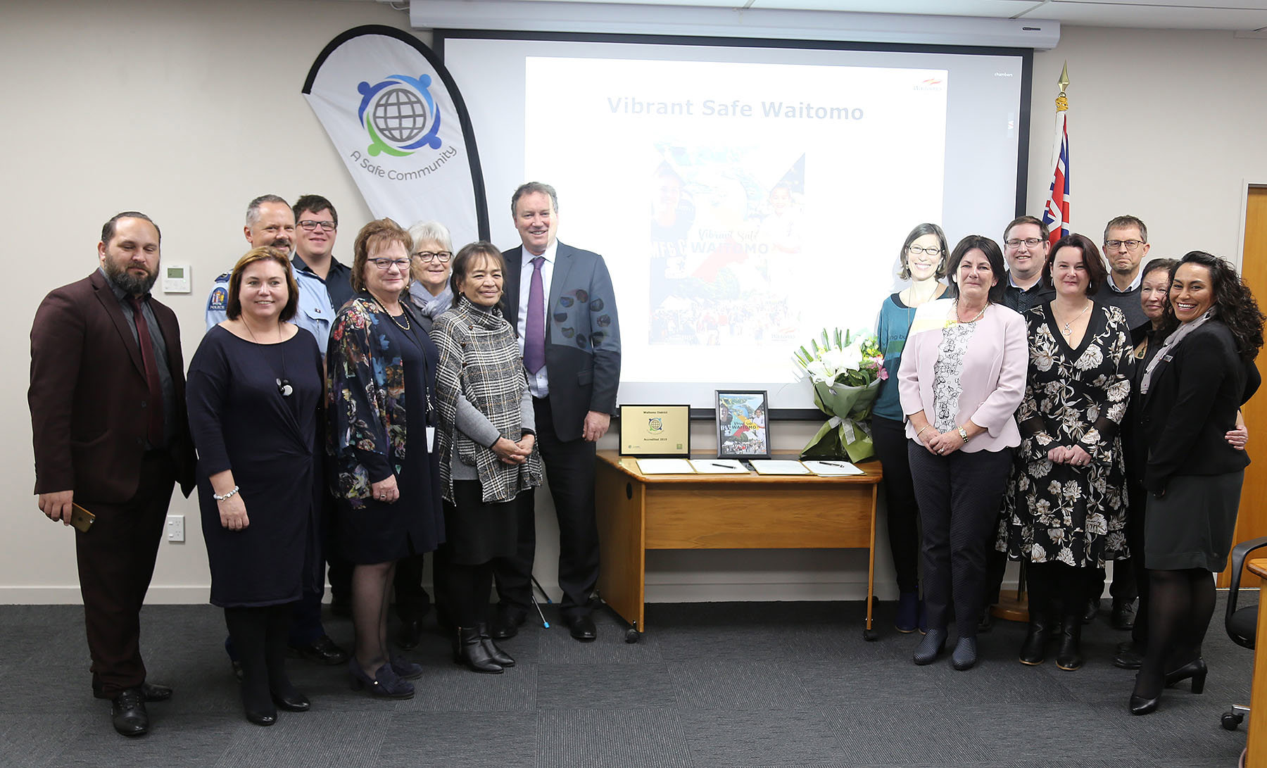 The Vibrant Safe Waitomo Regional Coalition with representatives from Maniapoto Maori Trust Board, ACC, NZ Police, MP Taranaki King-Country office, NZ Fire and Emergency, Waikato District Health Board, Oranga Tamariki and the Ministry of Social Development joining the WDC Community Development Team and Mayor Brian Hanna.